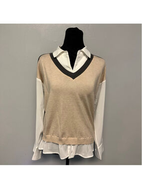 Siani Milano V-Neck Sweater Beige White Black layered blouse collared sweater